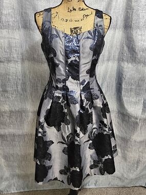 Ivanka Trump Silver Blue and Black Floral Midi Fit-and-Flare Dress